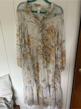 H&M Sheer Floral Long-Sleeve Midi Dress in Yellow and Cream